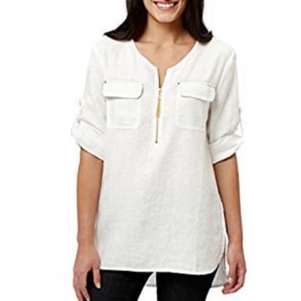 Ellen Tracy Linen Roll‑Tab Sleeve Zip Front Top Women’s Large Chalk White